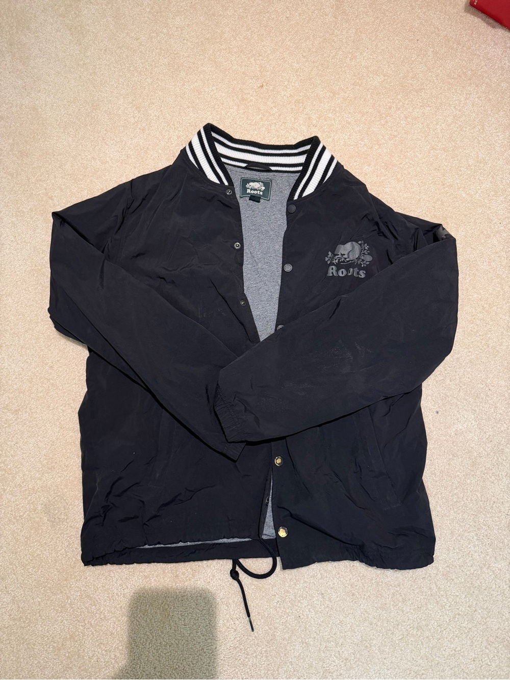 Roots Black Bomber Jacket with Striped Rib Collar